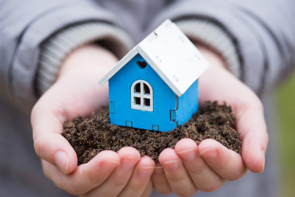 Person holding dirt and a blue wooden house
