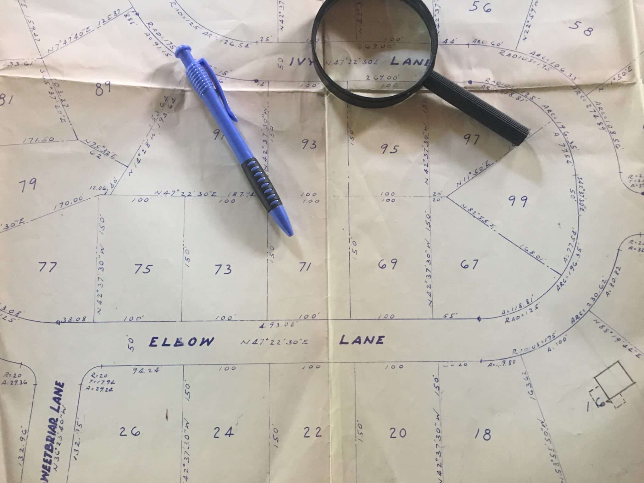 Hand drawn map of neighborhood property lines